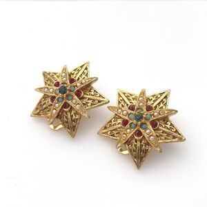 Vintage ART Signed Gold Starburst Earrings with Mini Seed Pearls